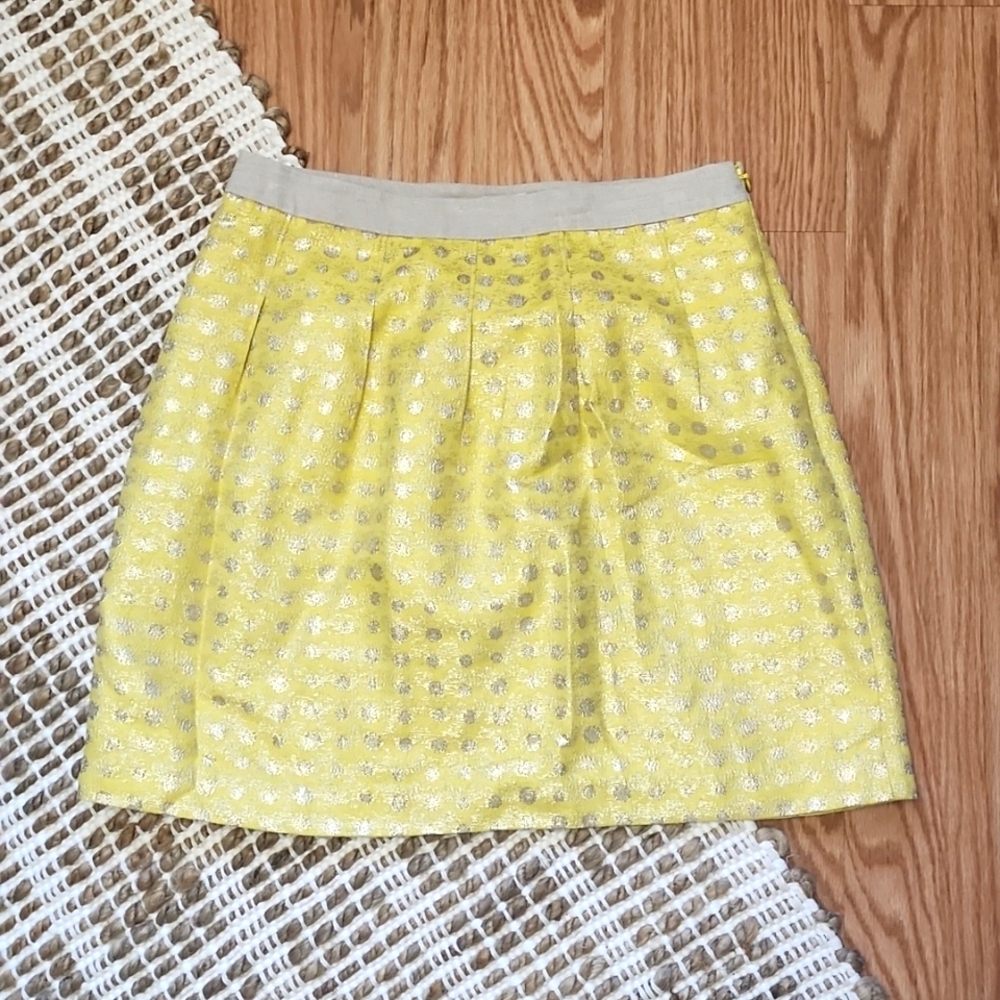 Loft Yellow Metallic Polka Dot Pleated Mini Skirt Womens